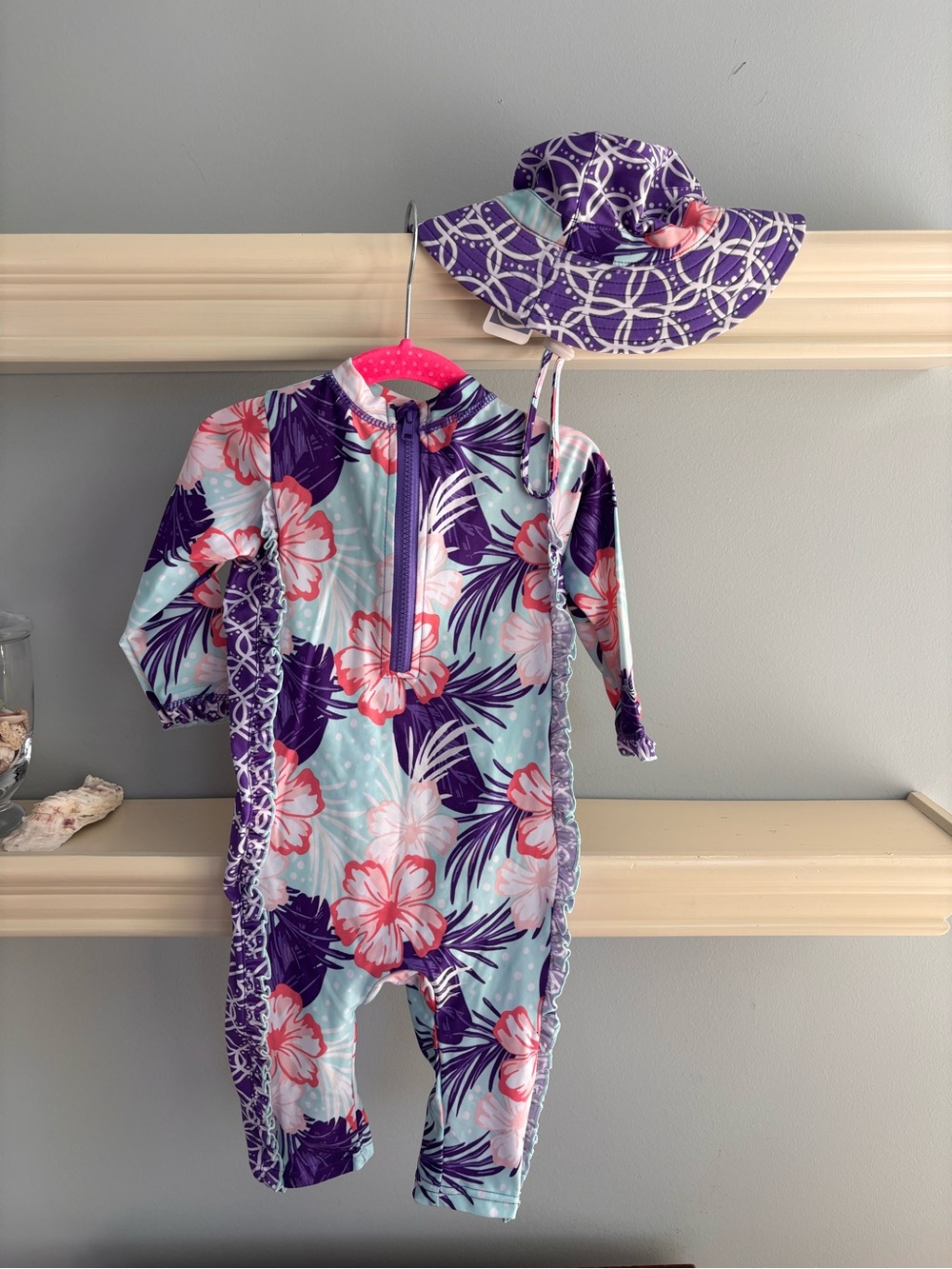 NWT - Girls' Purple Floral Long-Sleeve Rash Guard Swimsuit with Matching Sun Hat
